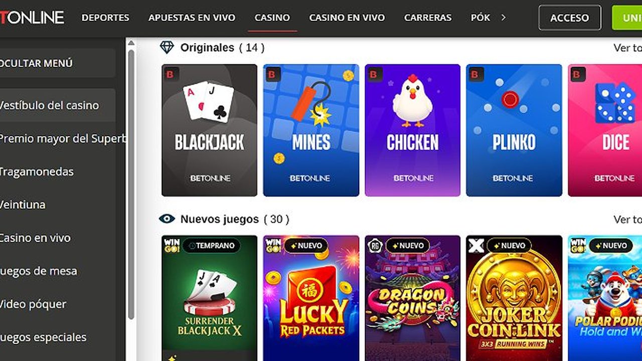 Lobby de juegos de BetOnline (versión en español)